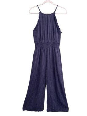 Homebody 100% Linen Navy Pinstripe WIde Leg Jumpsuit Ruffle Halter Euro Summer-M